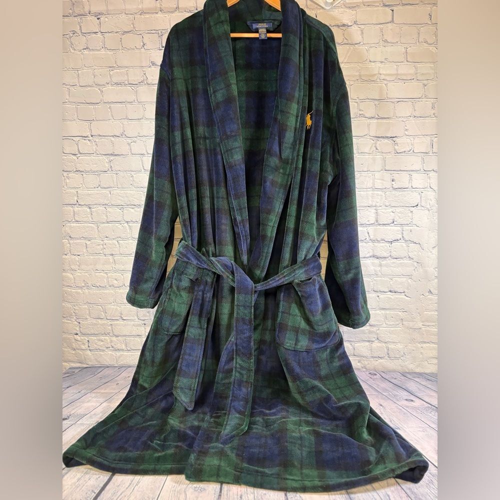 Polo Ralph Lauren Tartan Black Watch Preppy Plush Casual Loungewear Robe L/XL